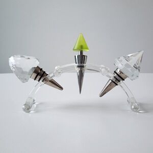 Modern Faceted Crystal Frosted Glass Wine Bottle Stoppers - Set of 3 & Arch Base